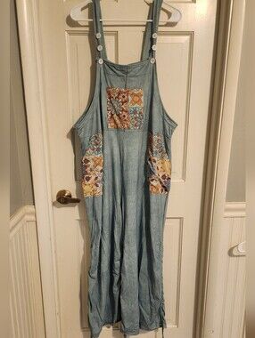 Yak & Yeti Blue Knit Patchwork Wide Leg Overalls, Size L/XL